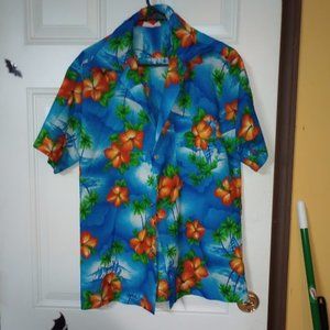 Hawaiian Shirt Blue Orange Size Xl